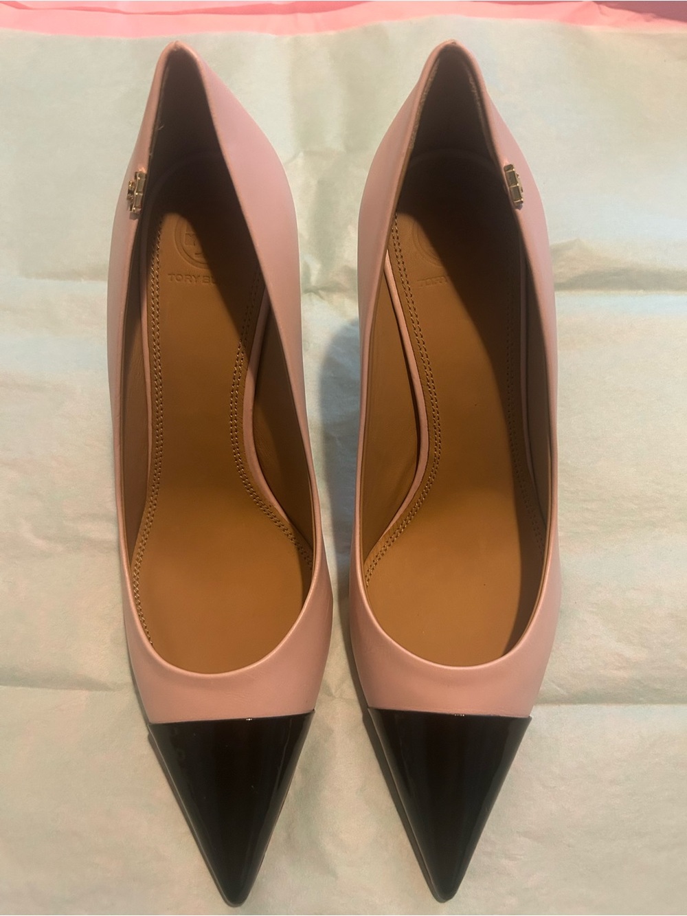 Tory Burch Pink Leather Pointed Toe Flats with Black Patent Cap